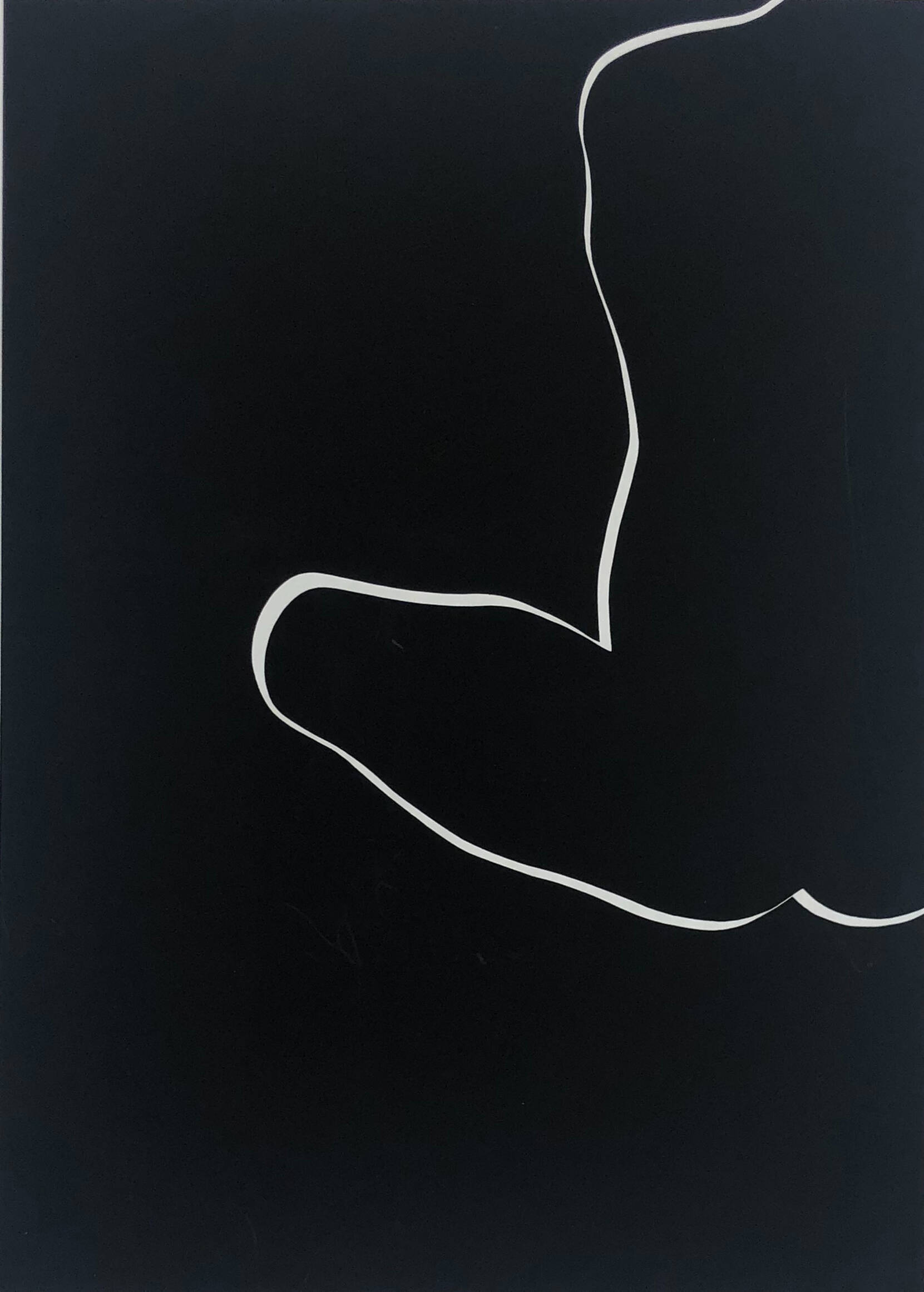 Image is mostly black with a thin, whispy, white line that form the outline of a seated human body.